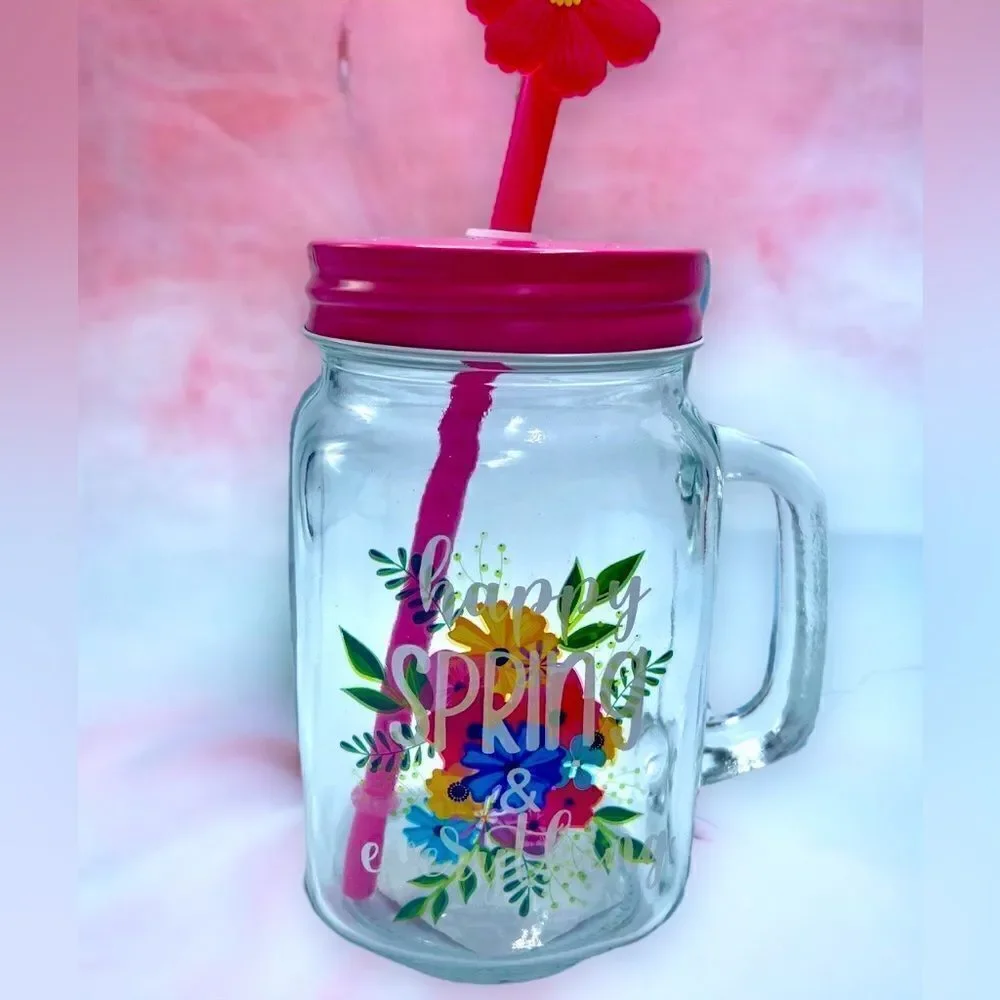 Happy Spring & Everything l Hand-painted l 16 oz. l Mason Jar l Decorative Straw